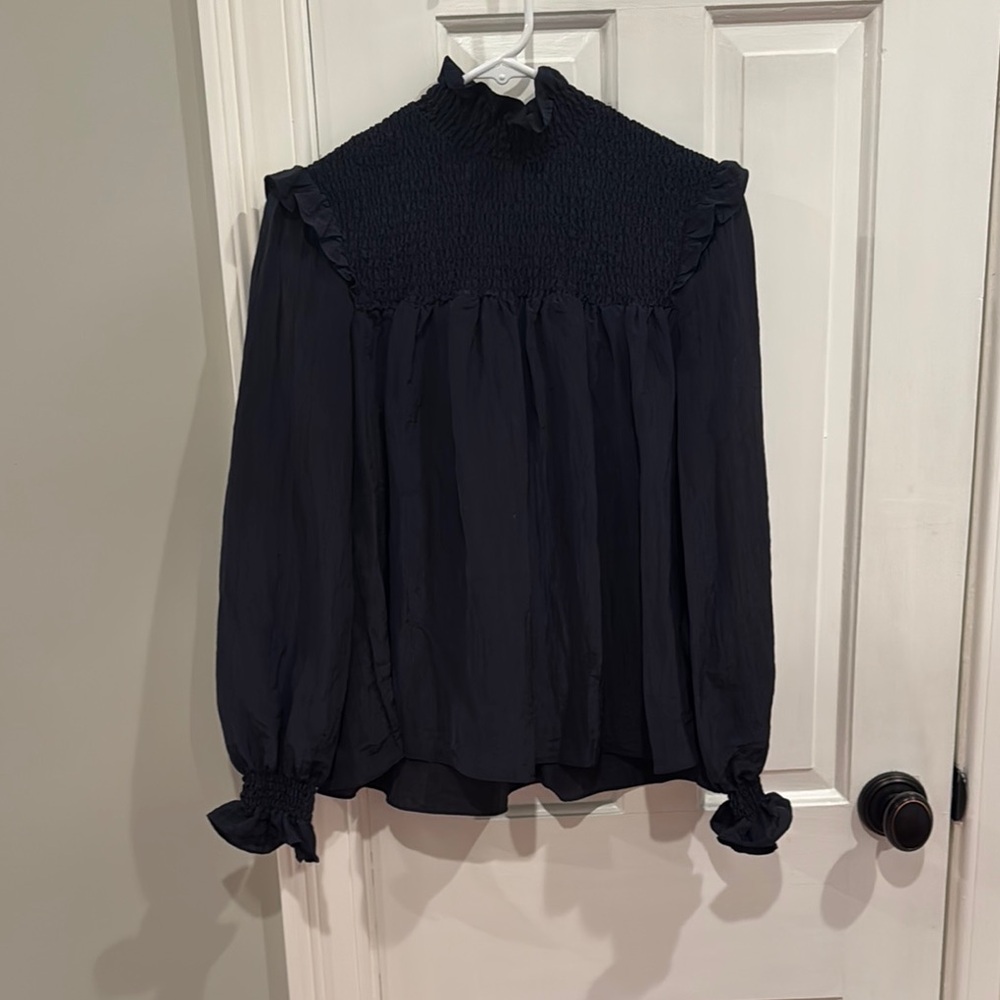 French Connection Navy Boza Ruffle Blouse- Elegant Smocked Women's Top